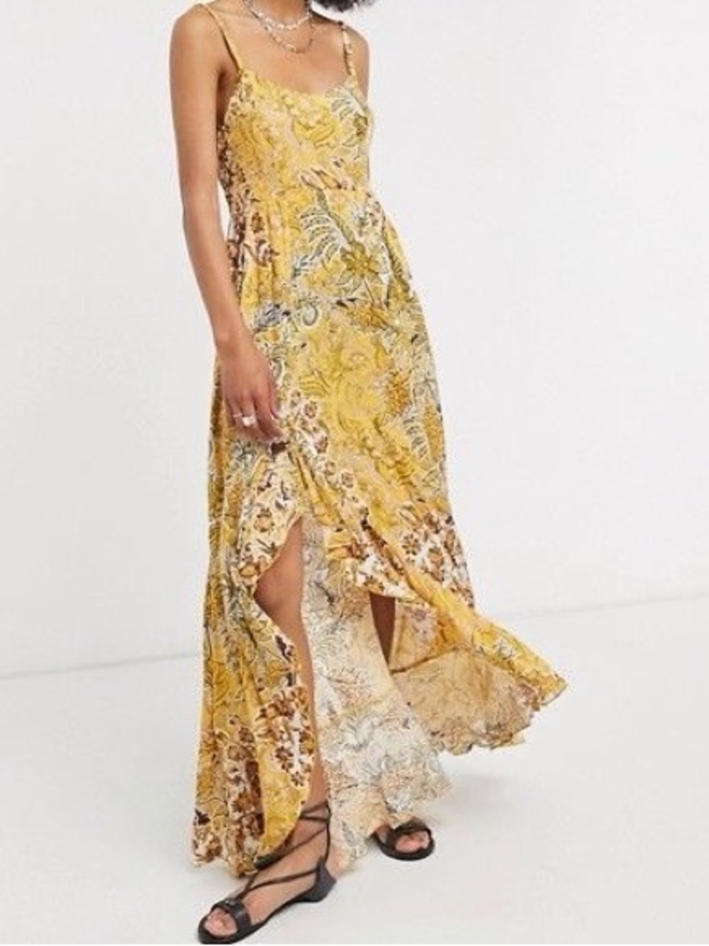 Free people Intimately Yellow Floral Maxi Slip Dress with Side Slits  XS